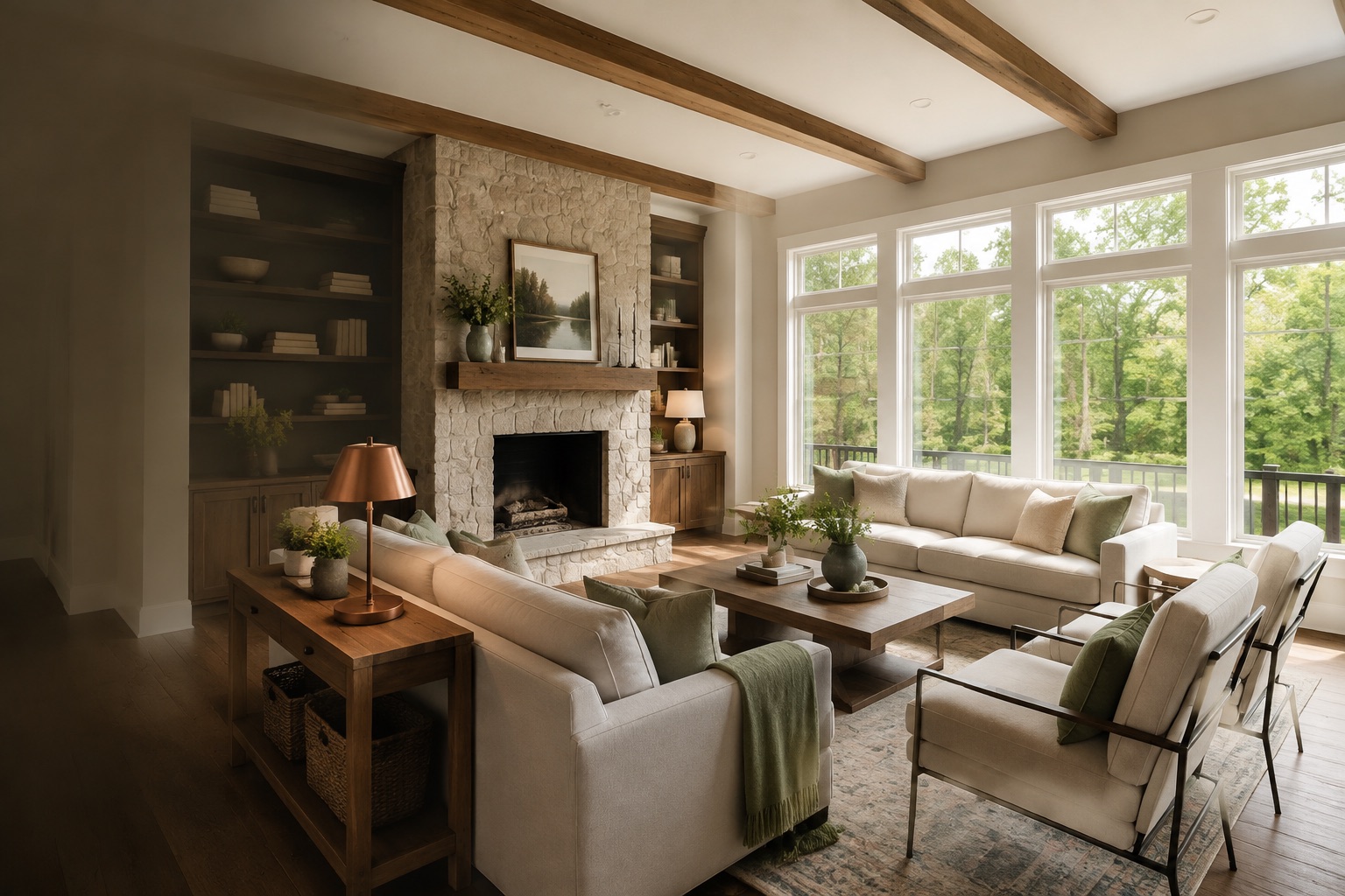 Warm, beautifully staged living room